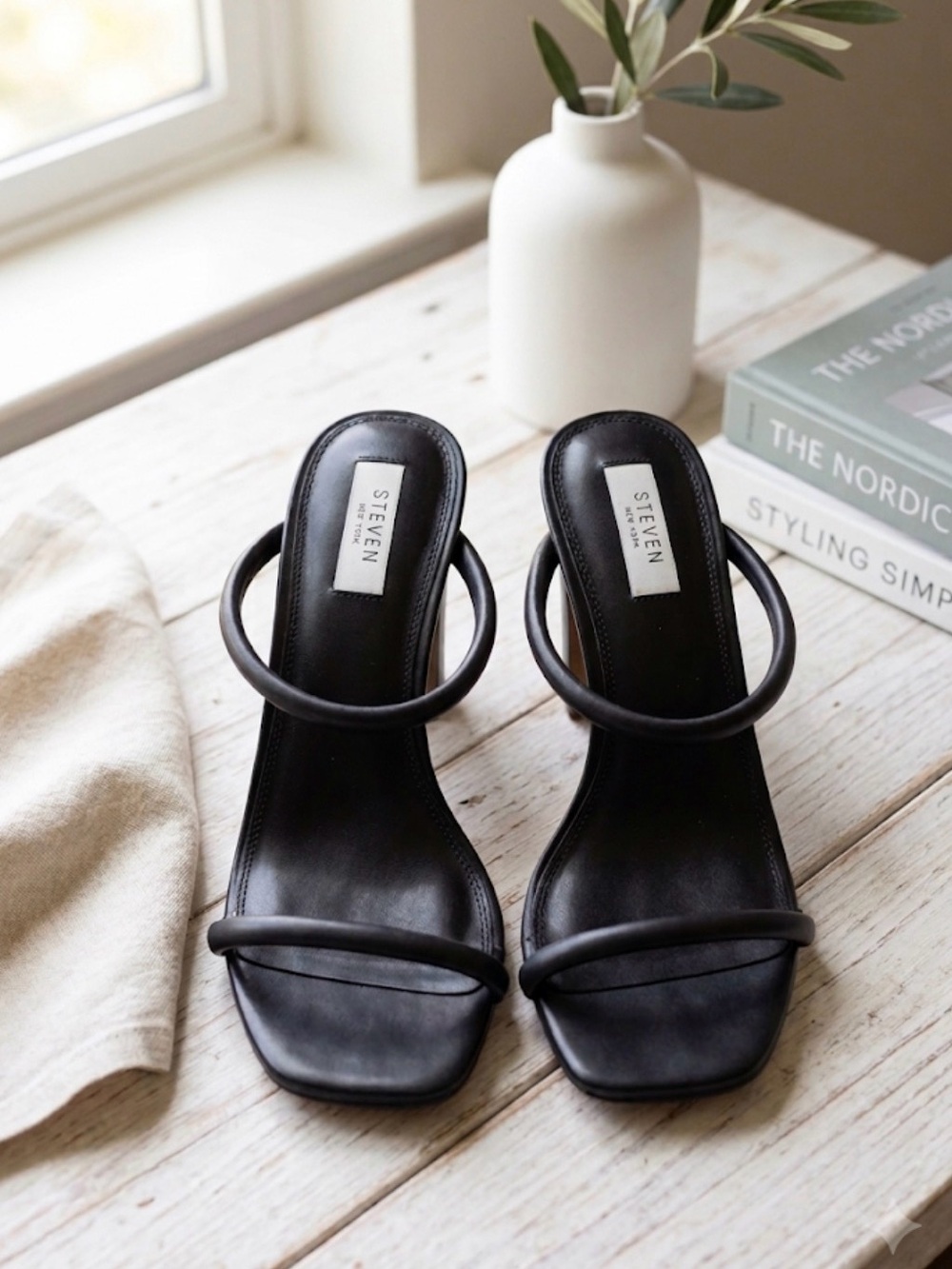 Seven7 Black Minimal Double-Strap Square-Toe Slide Heels